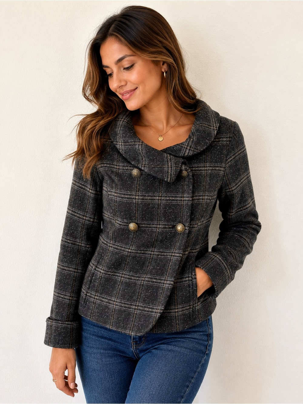 Guess Women’s L Gray Plaid Double Breasted Jacket Gold Buttons Wool Blend Y2K